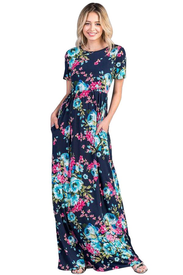 Rosy Aqua Floral Pattern Short Sleeve Summer Maxi Dress in Navy