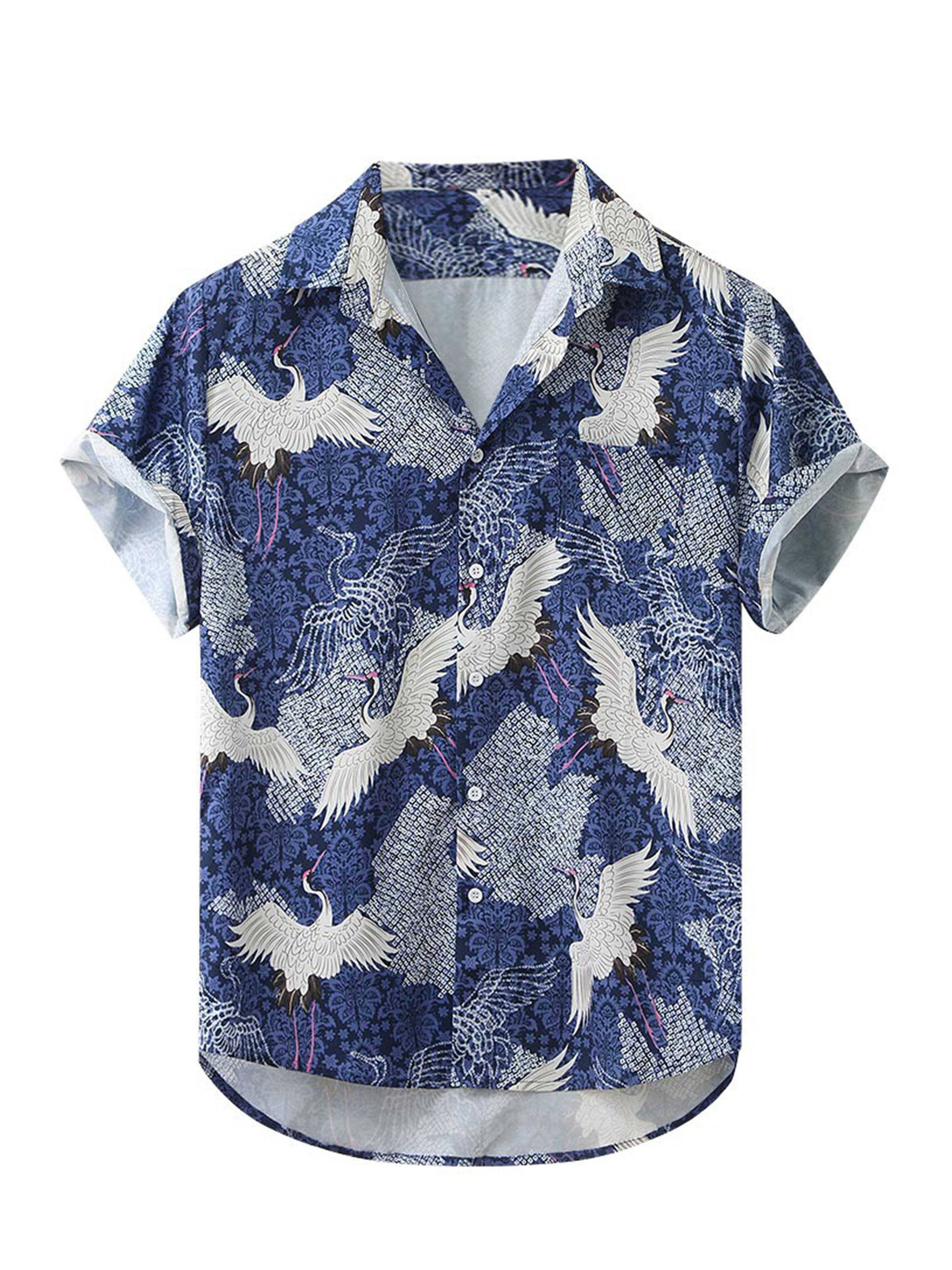 Men's Retro White Crane Graphic Short Sleeve Shirt