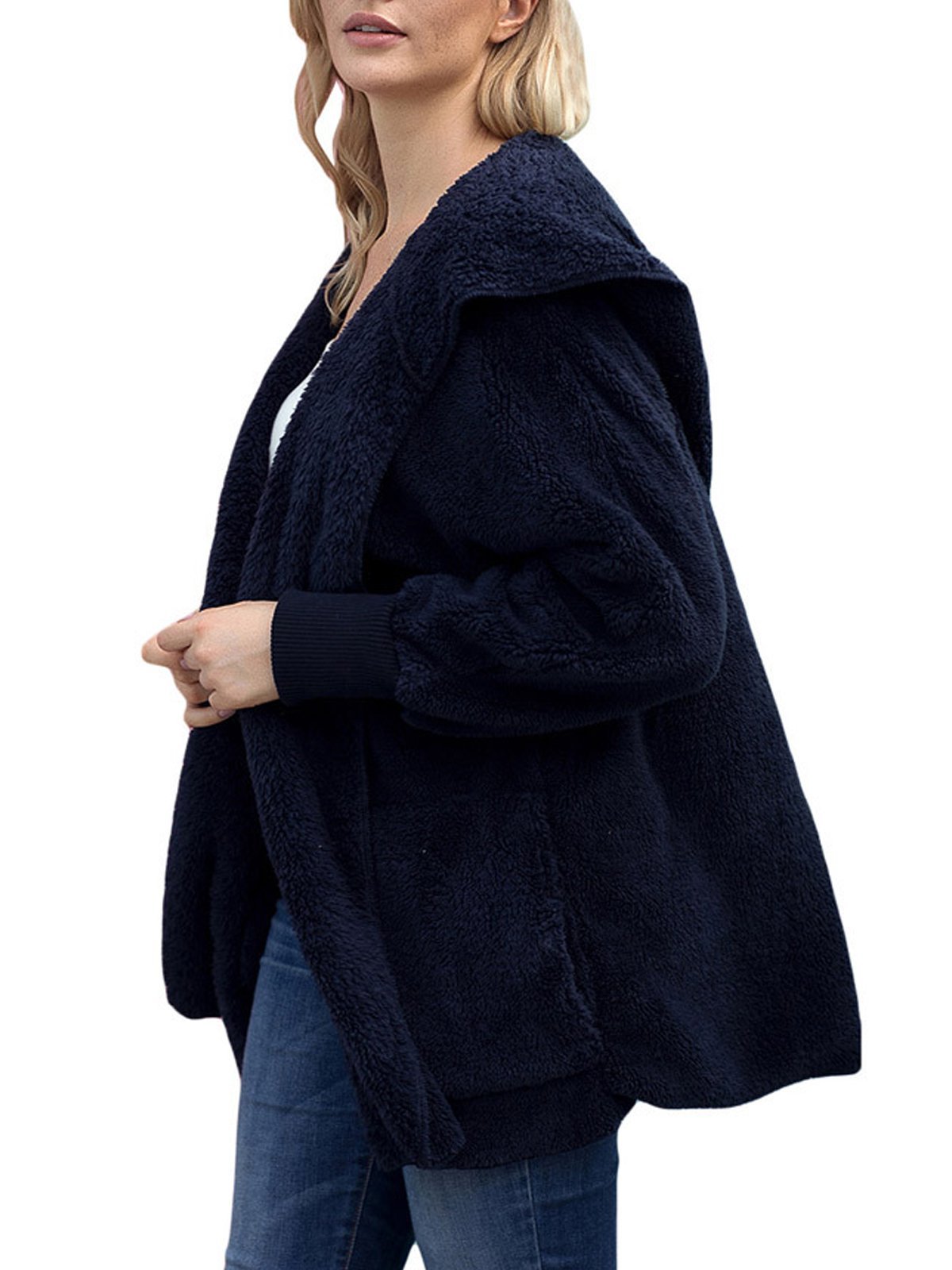 Multicolor Hoodie Solid Wool Pocket Loose Women Coat