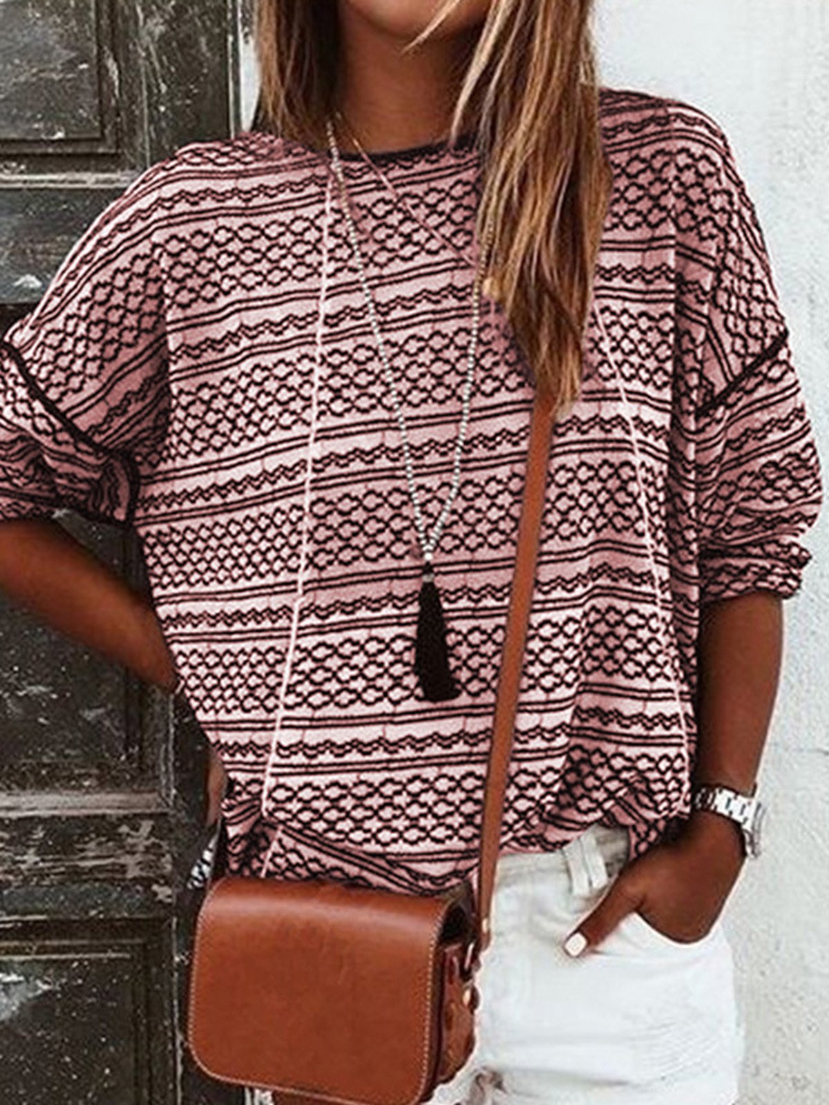 Long Sleeve Crew Neck Printed Vintage Striped T-Shirts