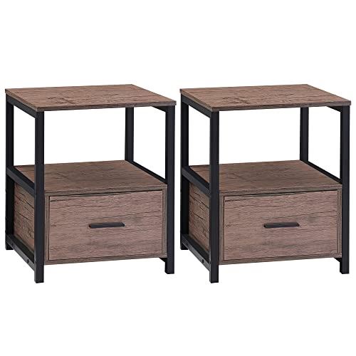 VECELO 2-Tier Nightstand Set w/ Drawer for Bedroom, Living Room Metal Frame/2 Pk