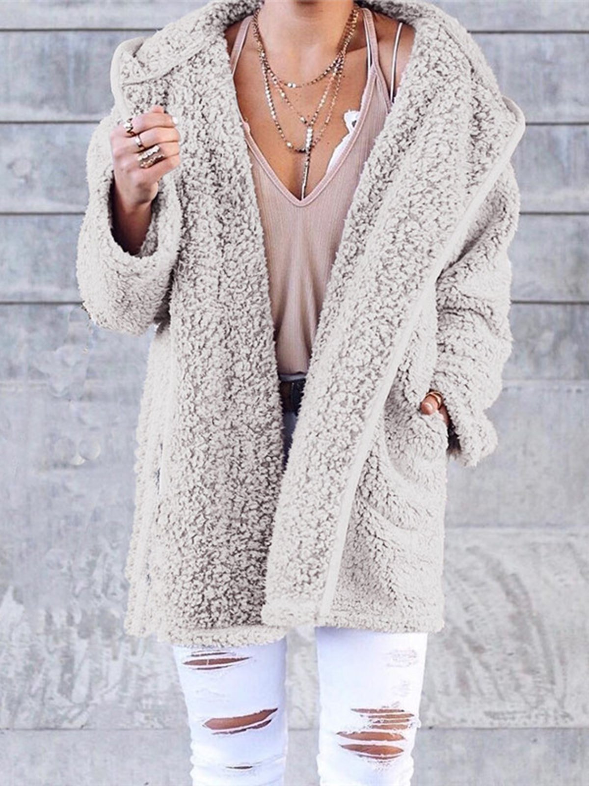 Women Cashmere Sherpa Coat Warm Teddy Bear Coats With Hoodie