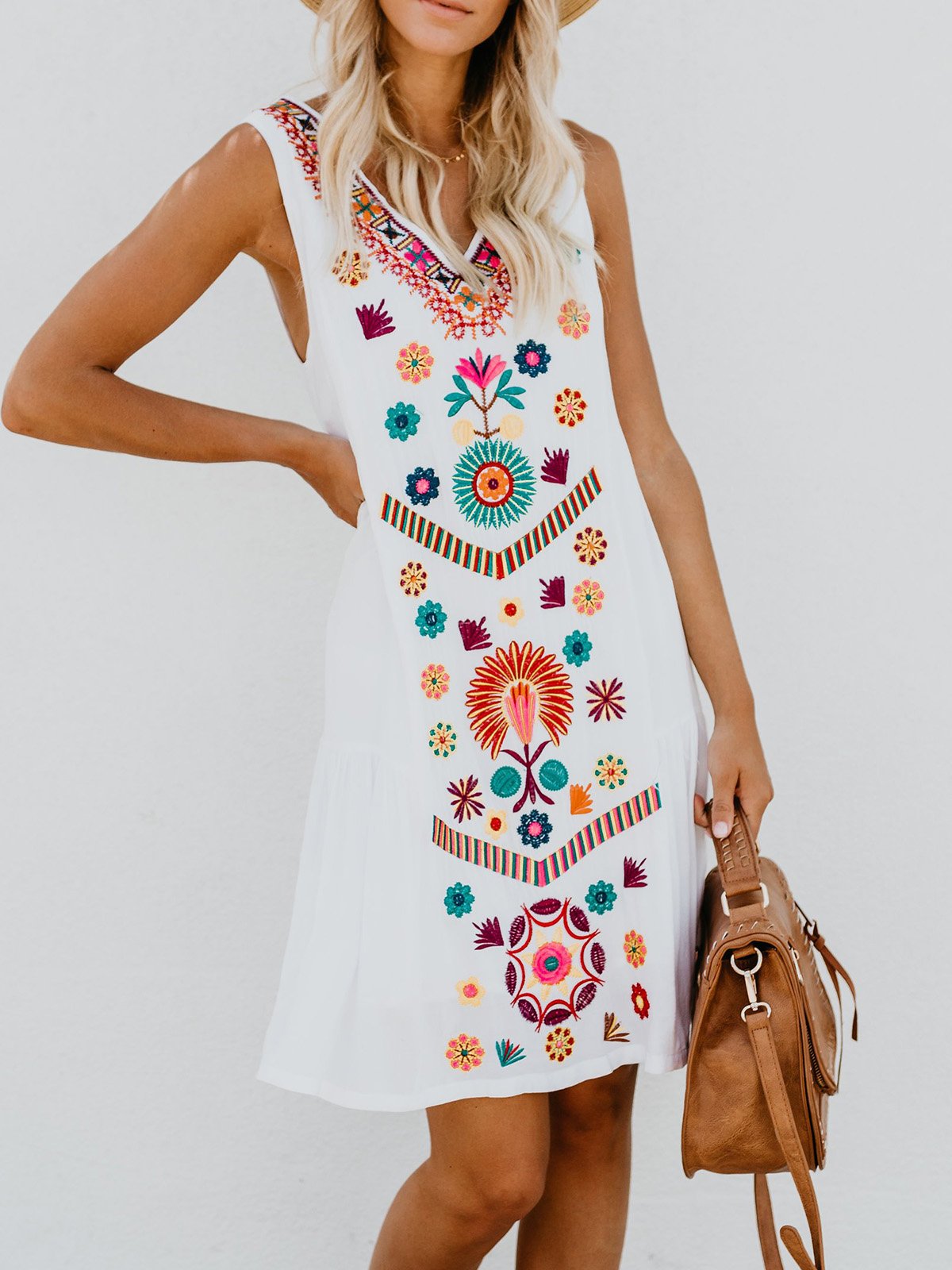 V neck White Women Summer Dress Shift Sleeveless Mini Dress