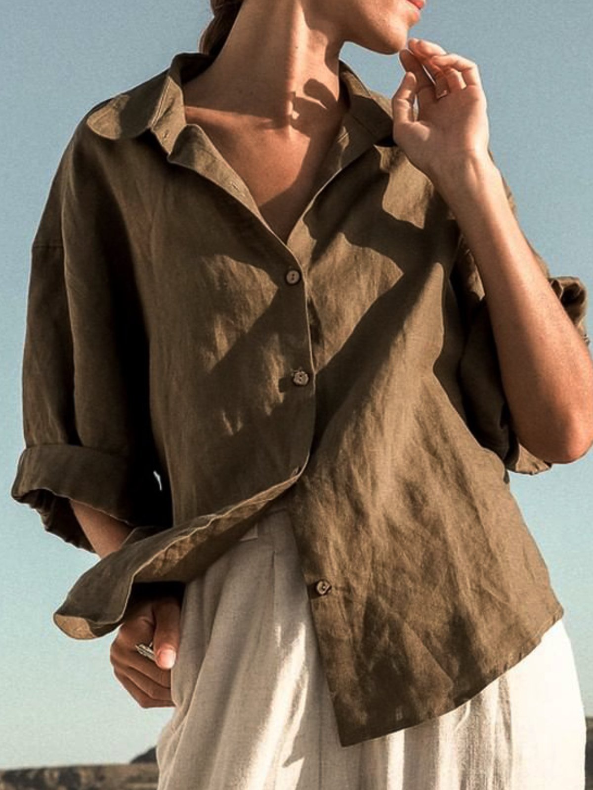 Casual V Neck Cotton Solid Shirts & Tops