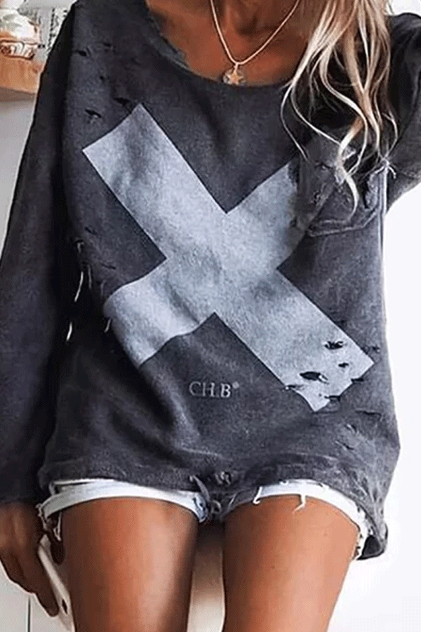 Casual Printed Hole Long Sleeve Knitwear