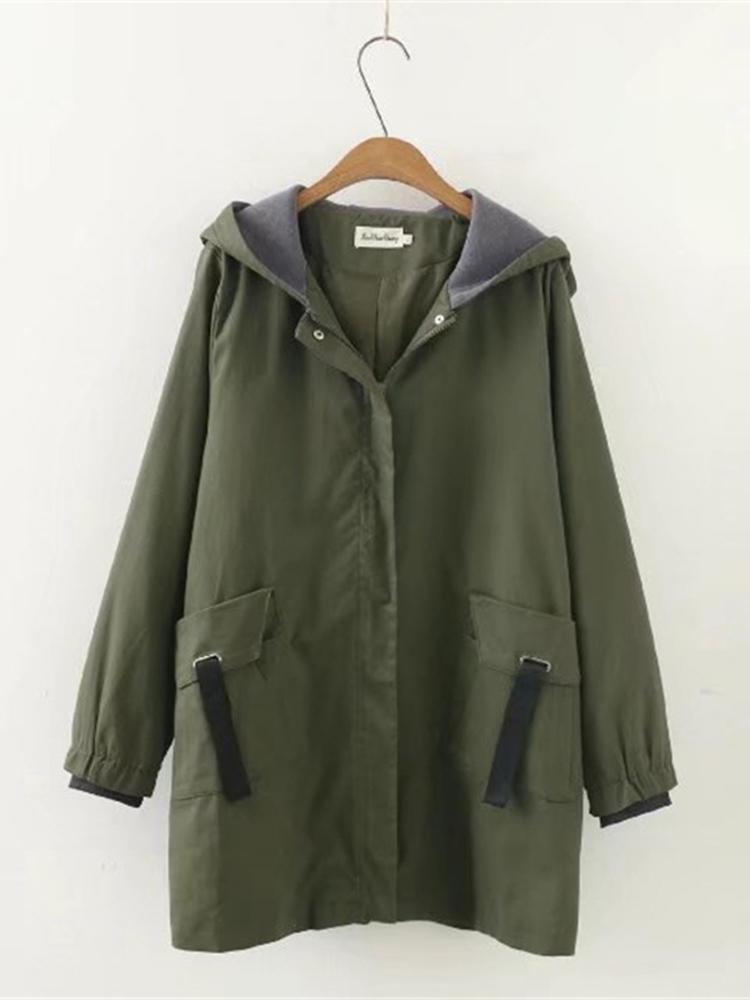 Casual Women Pockets Hooded Trench Appliqued Long Sleeve Hoodie Coat