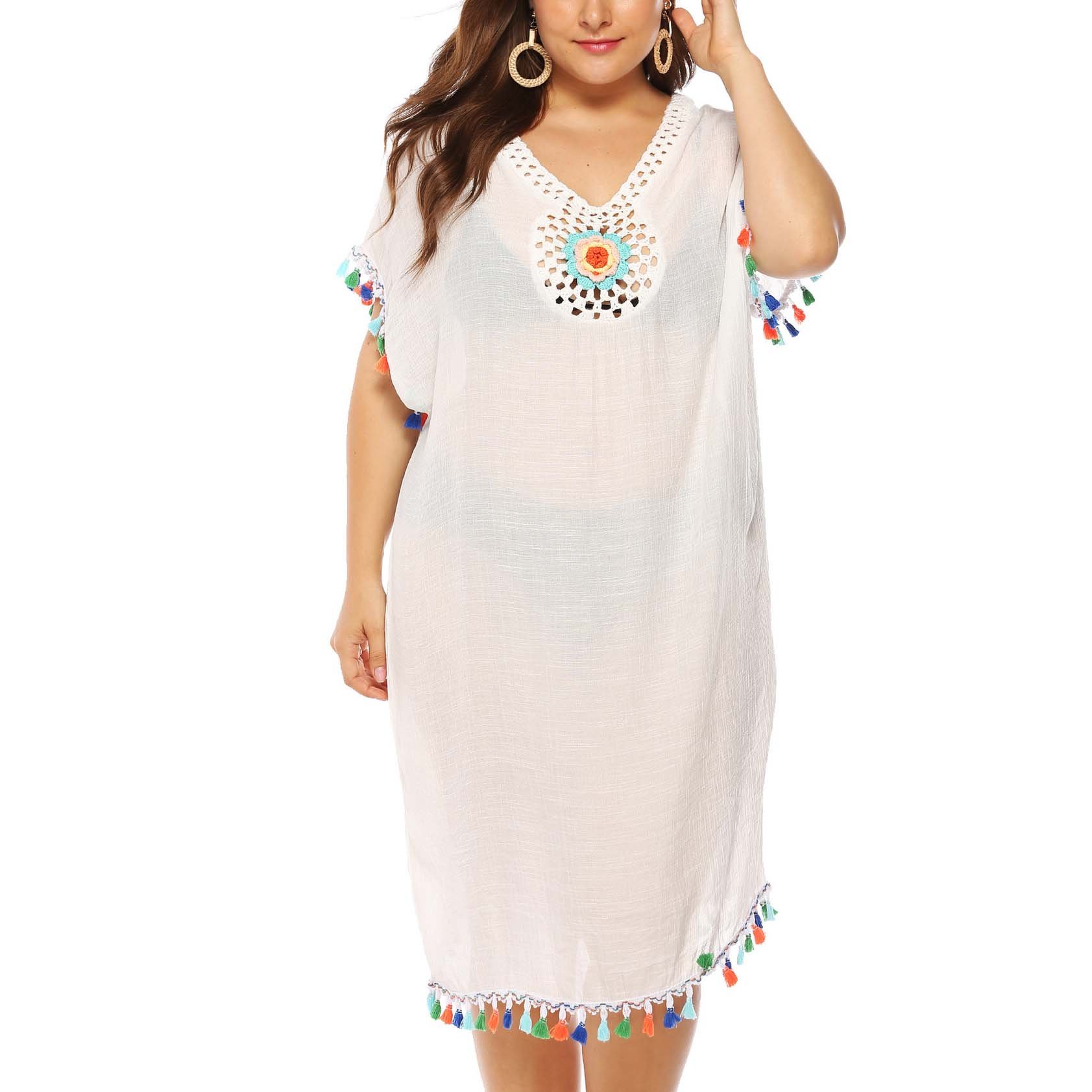 Accesoriu pentru Plaja, cu Ciucuri Colorati, Maneca Carlig, Cusaturi Floare