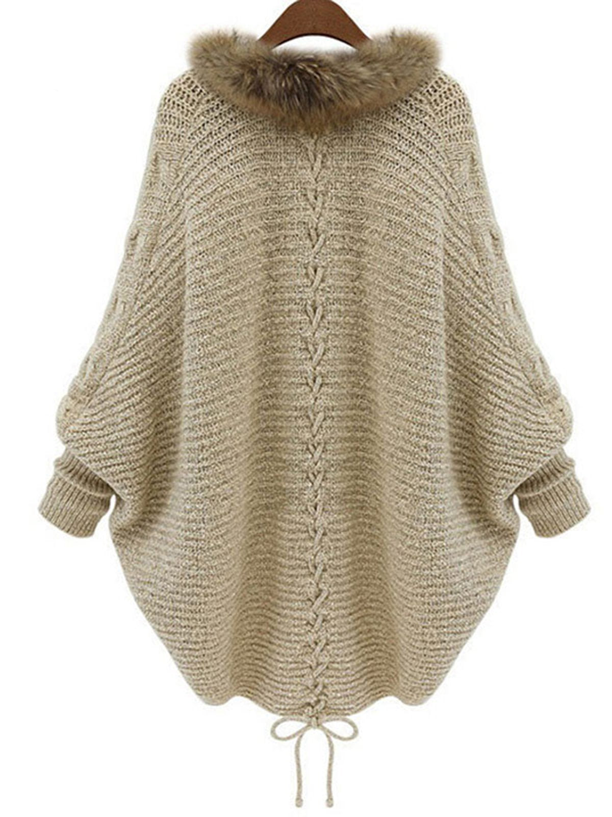 Batwing Lace Up Casual Plain Cocoon Sweaters & Cardigan