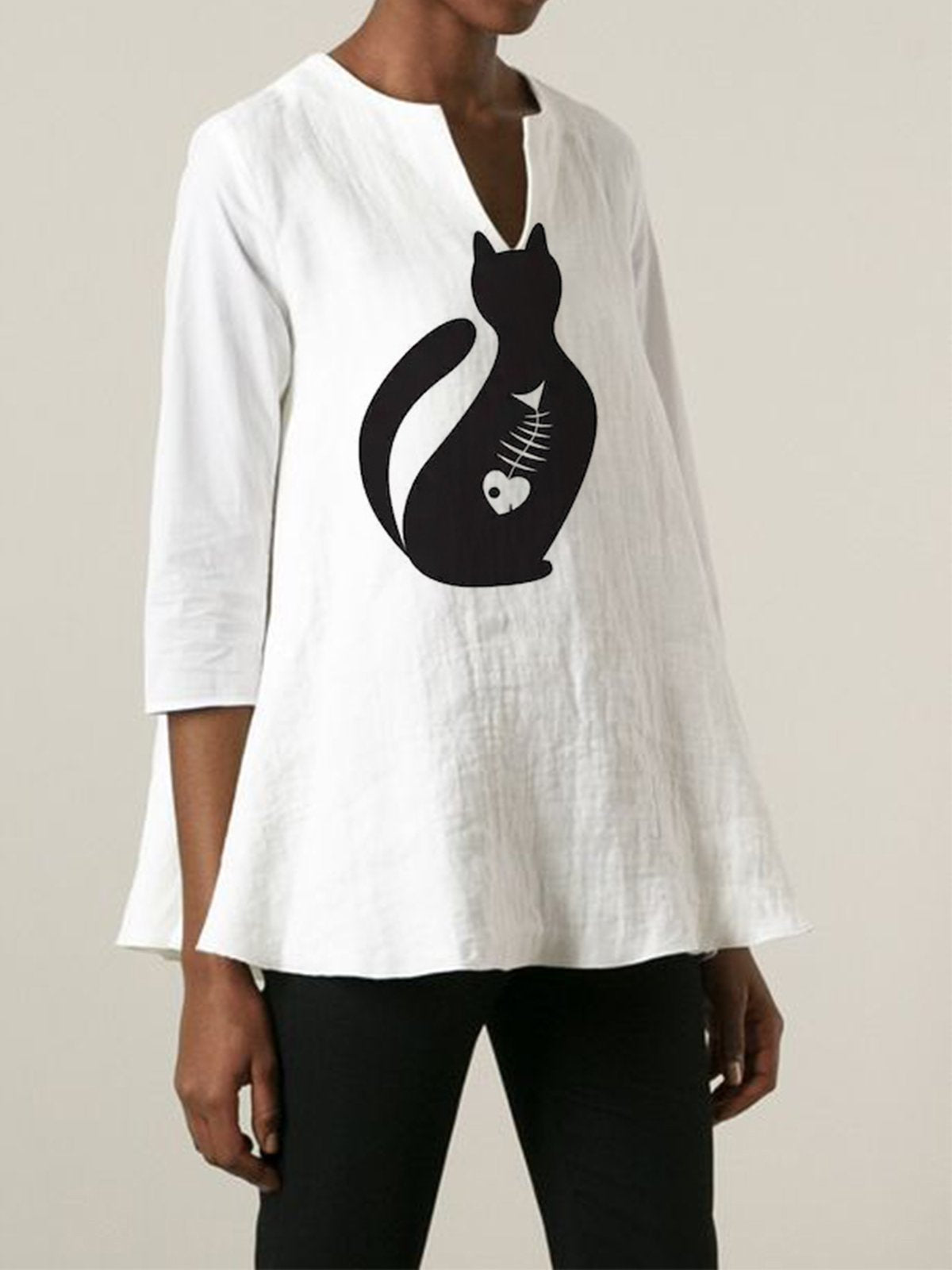 Cat Cartoon 3/4 Sleeve V Neck Casual Shirts & Tops