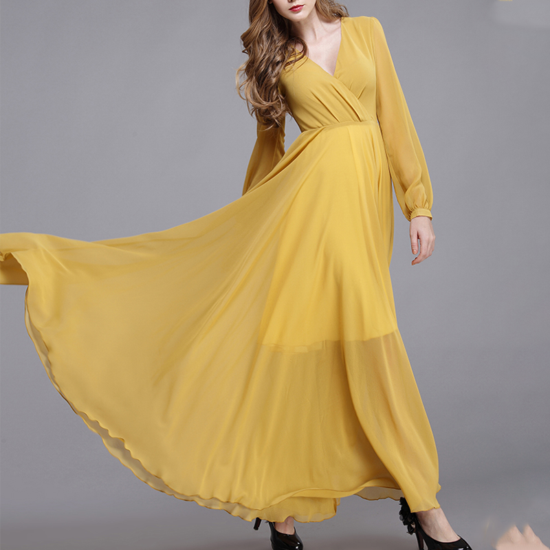 2020 Spring Summer  New look fashion long sleeve women yellow elegant maxi dress