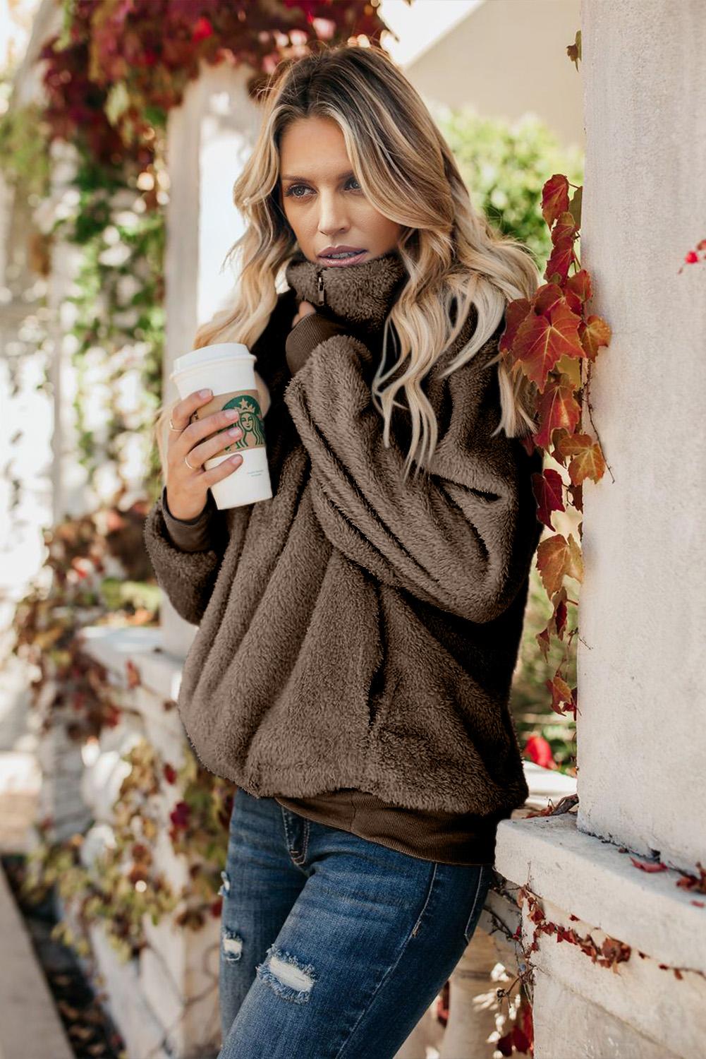 Brown Traverse Pocketed Sherpa Pullover Sweatshirt