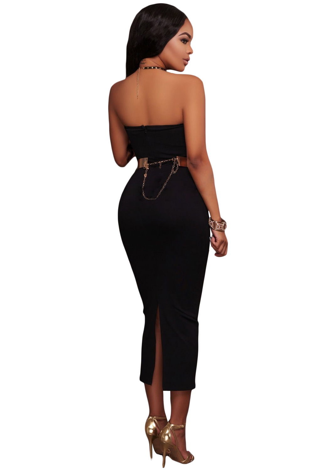 Black Sexy Strapless V-neck Side Slits Tube Midi Dress