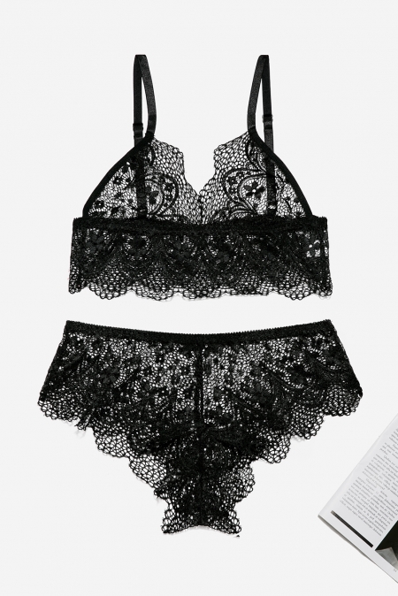 Black Lace Bralette Erotic 2pcs Lingerie Set