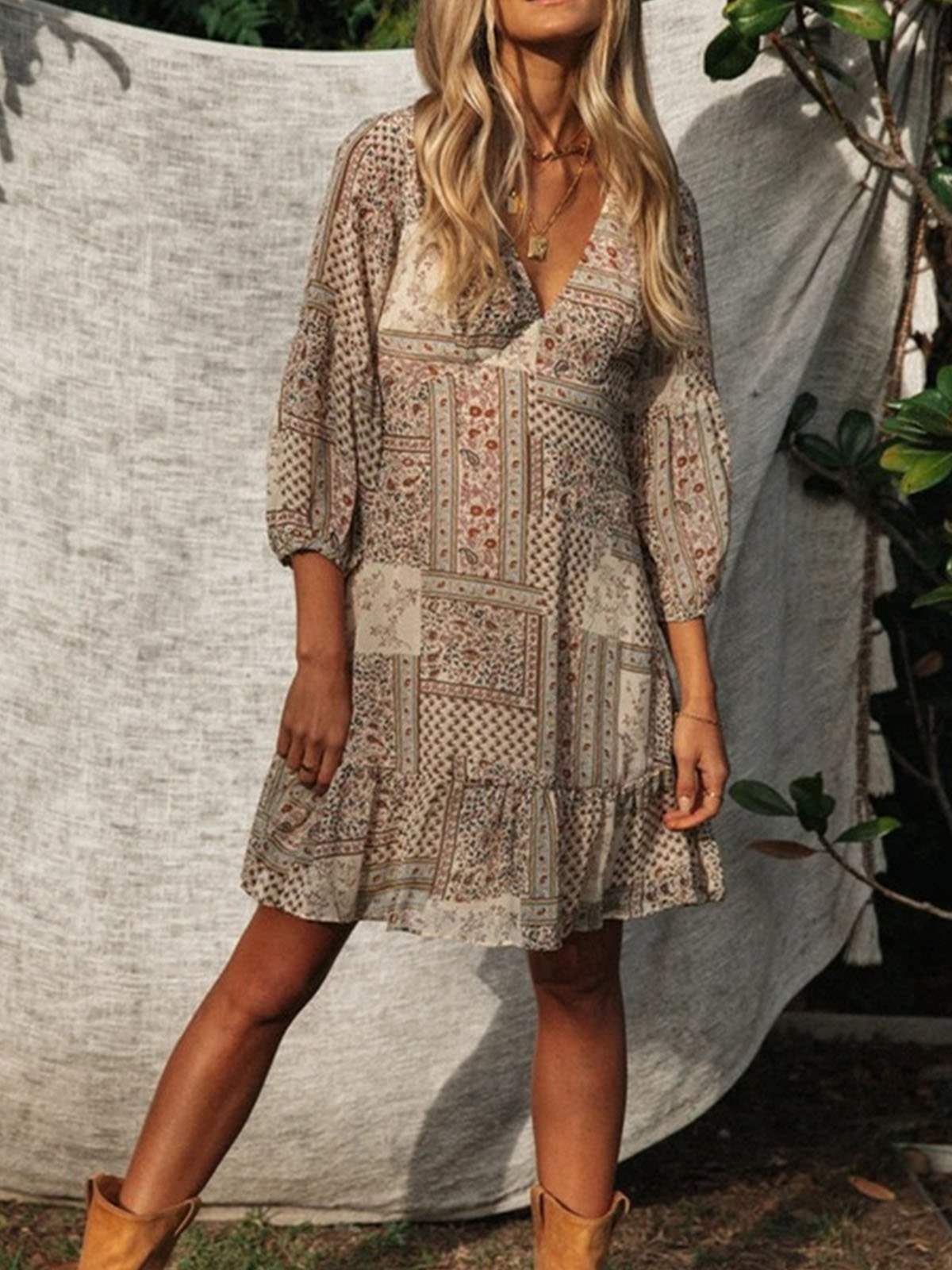 Apricot Floral-Print Half Sleeve Dresses