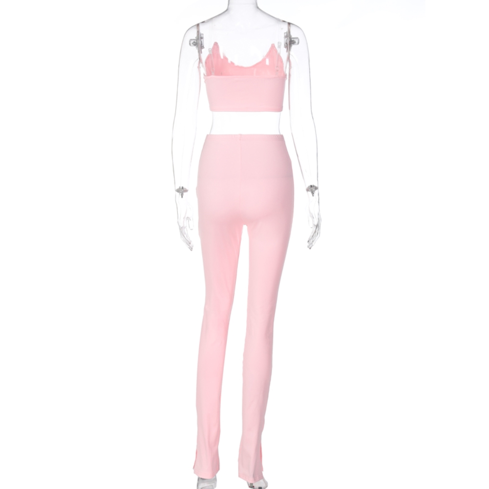 Solid Color Sexy Strap Crop Top and High Waist Pants Set