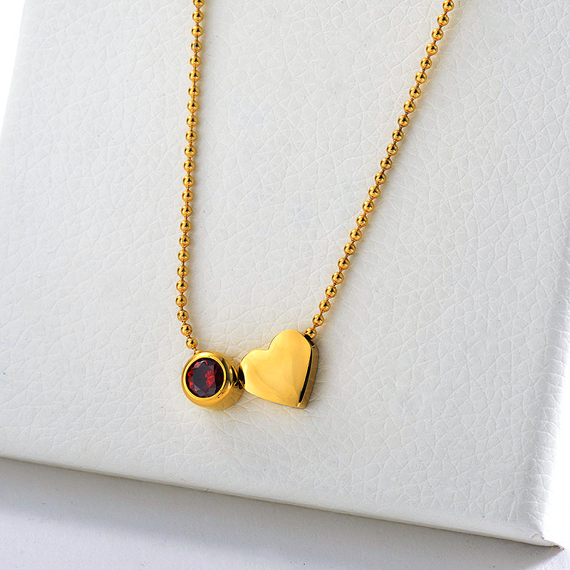 Fashion Stainless Steel Gold Heart Charm With Red Zircon Necklace For Women
