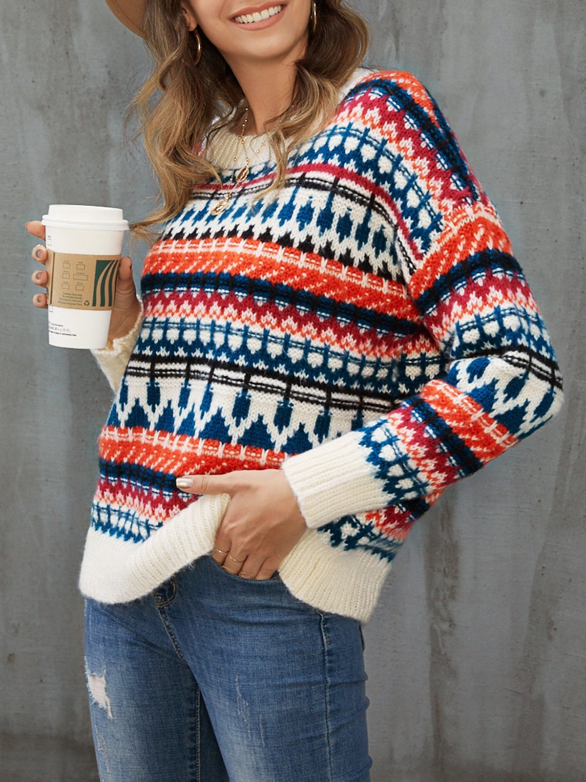 White Casual Tribal Sweater
