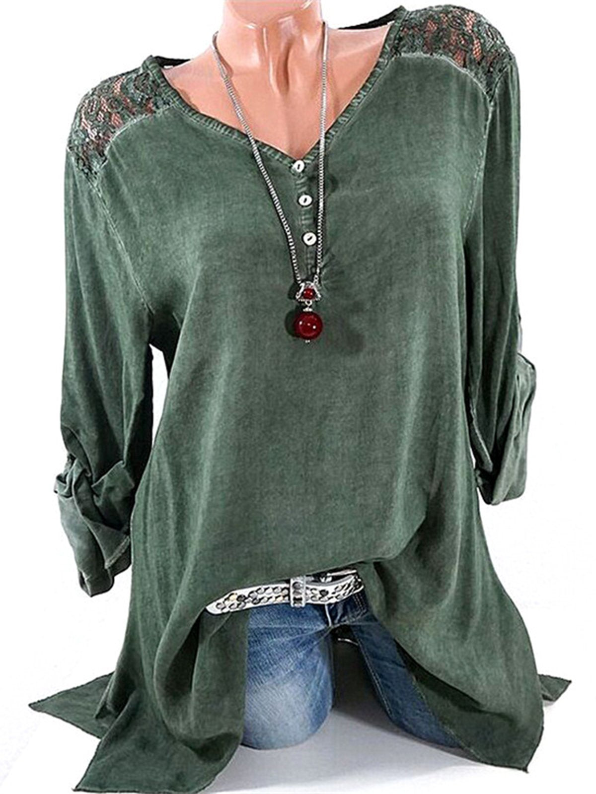 Long Sleeve Solid Basic V neck Buttoned Blouses
