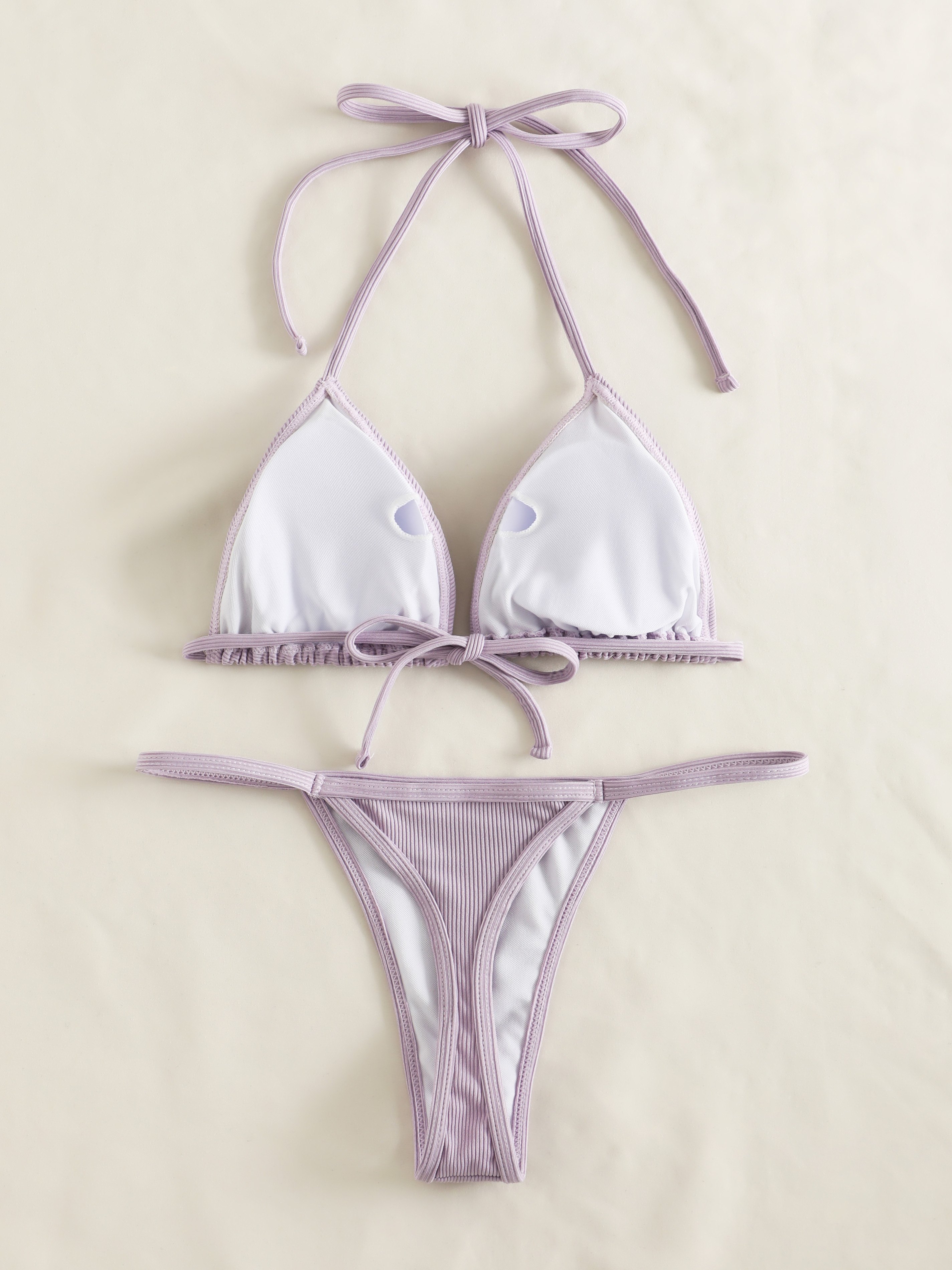 Solid Ribbed Thong Halter Bikini