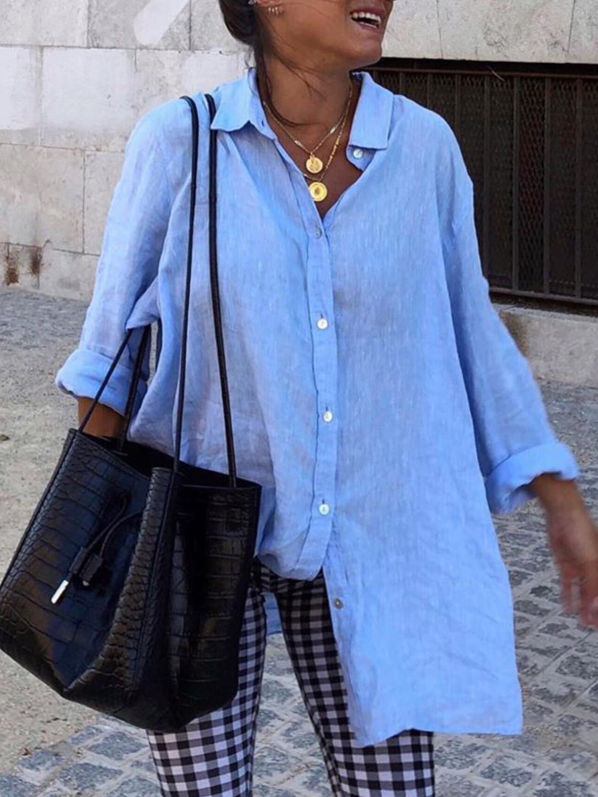 Casual V Neck Cotton Shirts & Tops