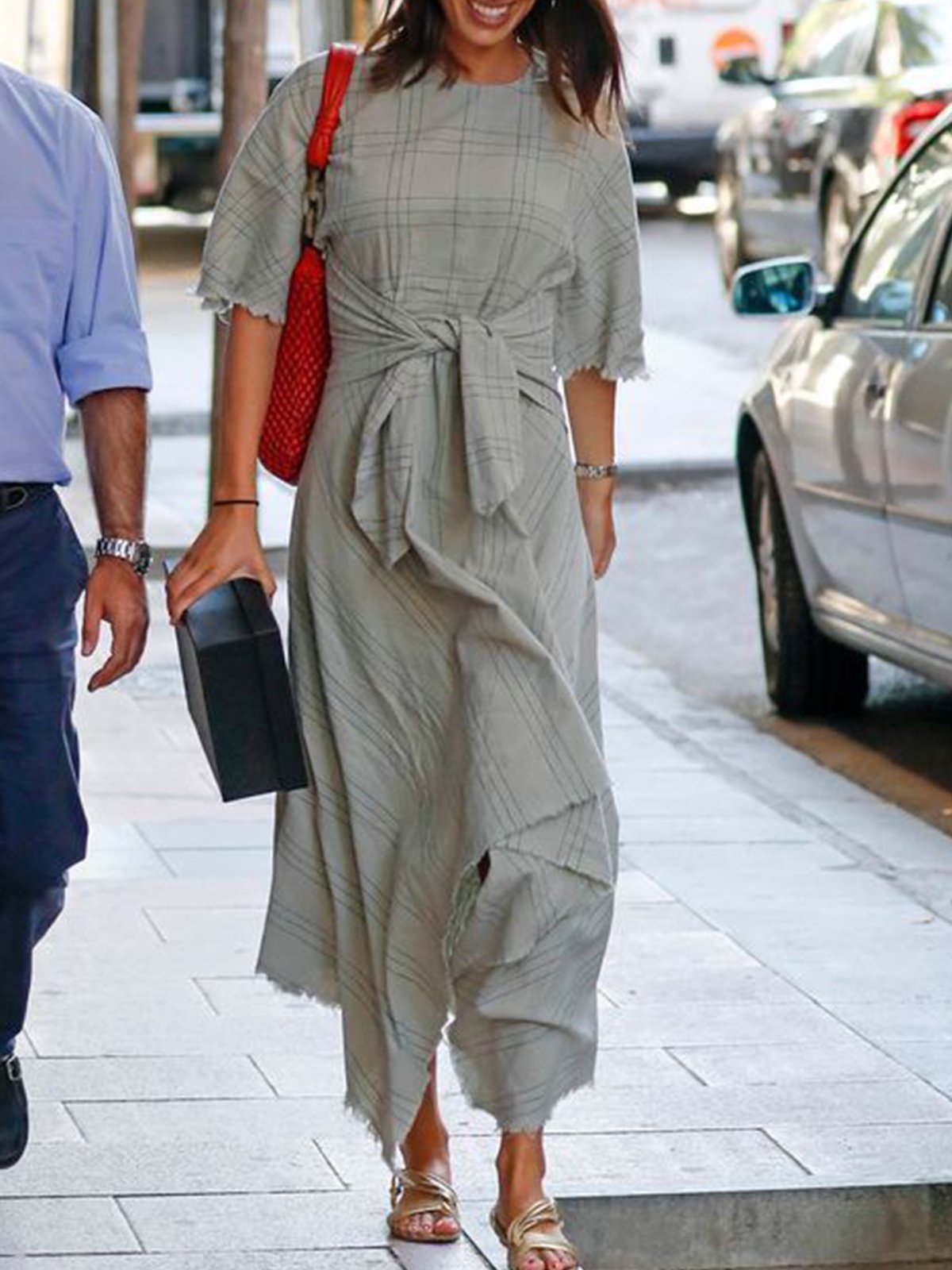 Light Gray Cotton-Blend Checkered/plaid Vintage Short Sleeve Dresses