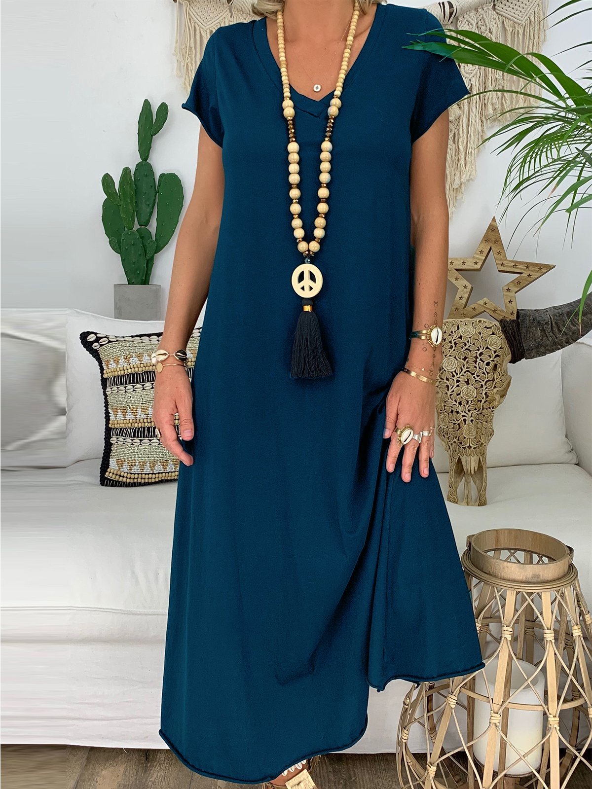 Casual V Neck Solid Short Sleeve Dresses