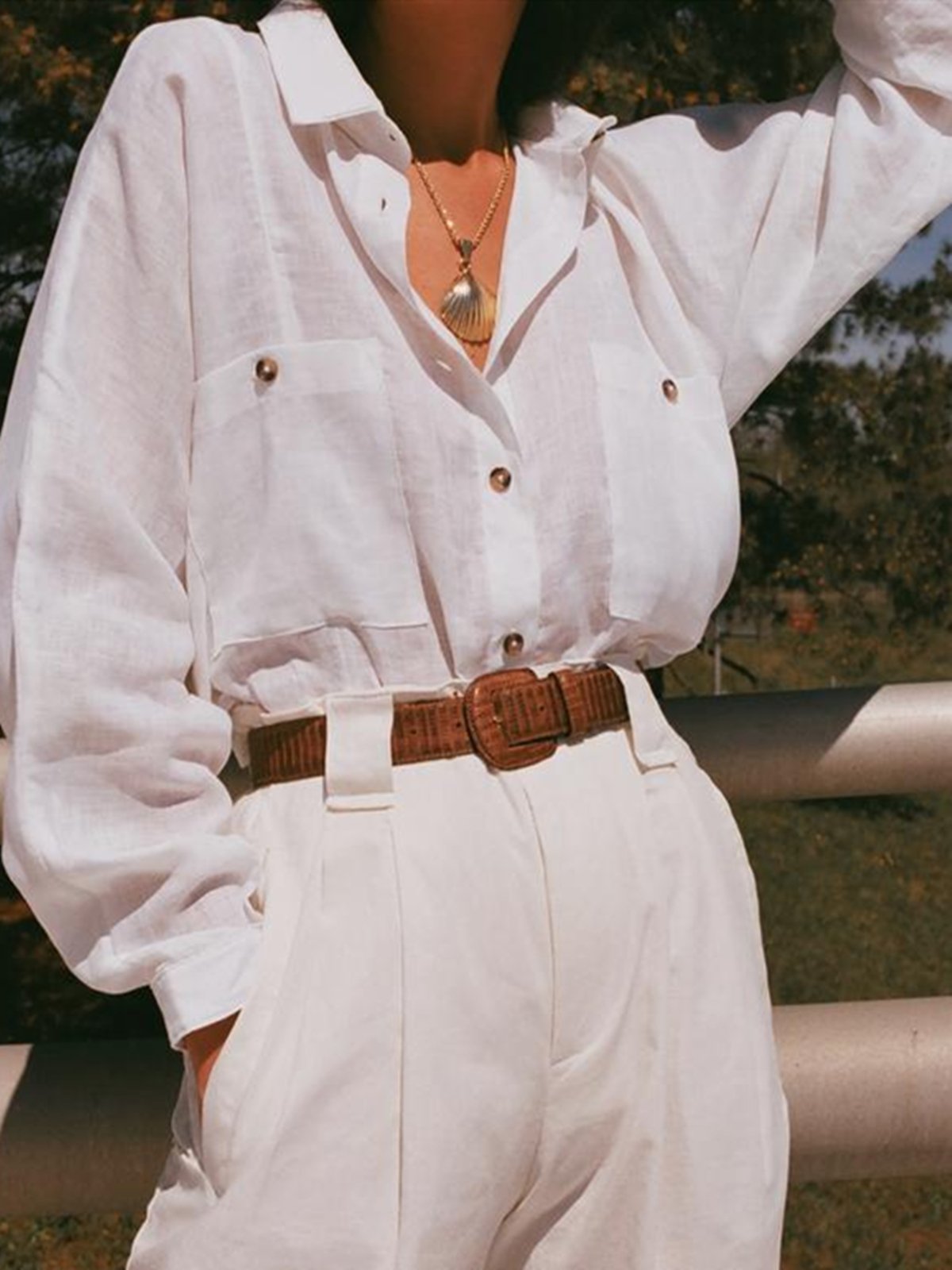 White Cotton Shirt Collar Holiday Plain Shirts & Tops