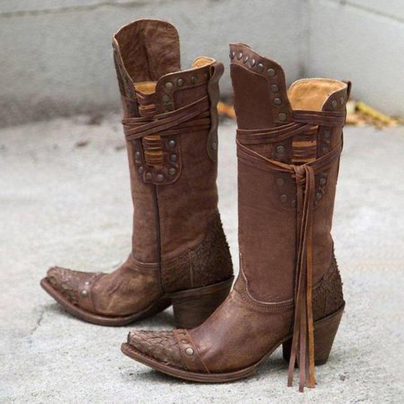 Mid Calf Boots Western Booties Boho V-Open Fringe Shoes