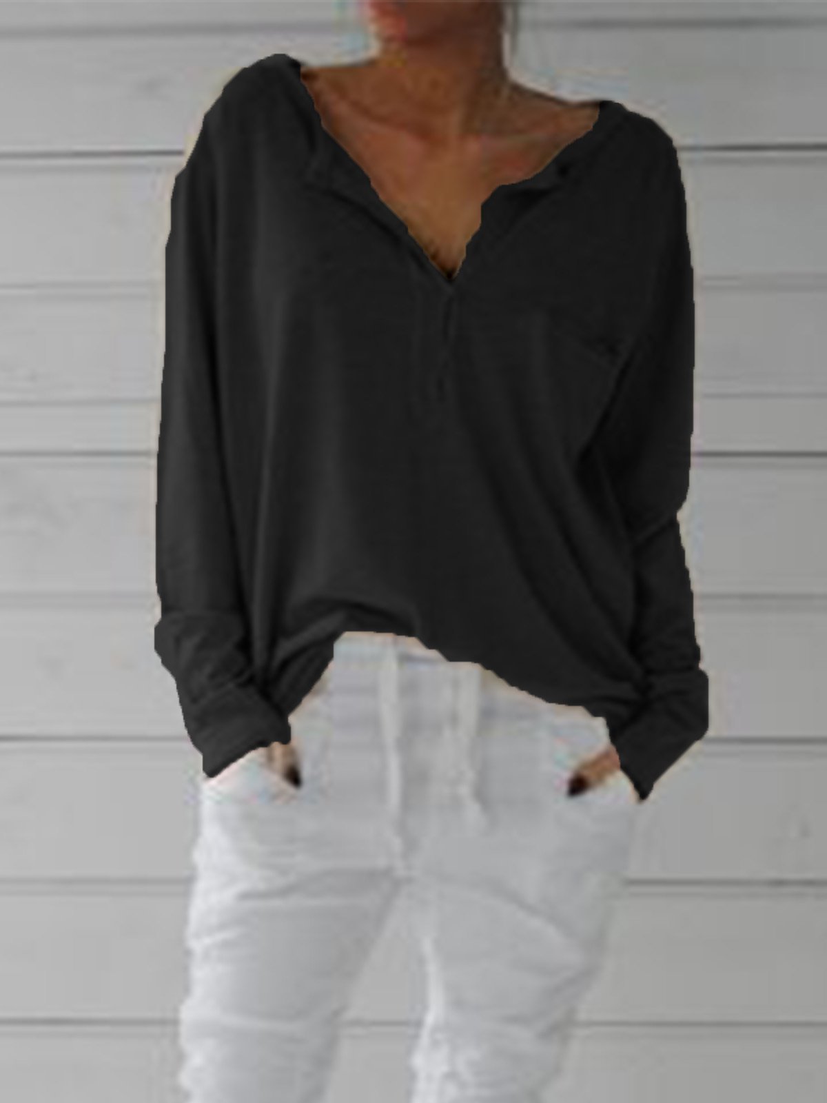 Cotton-Blend Long Sleeve Casual V Neck Shirts & Tops