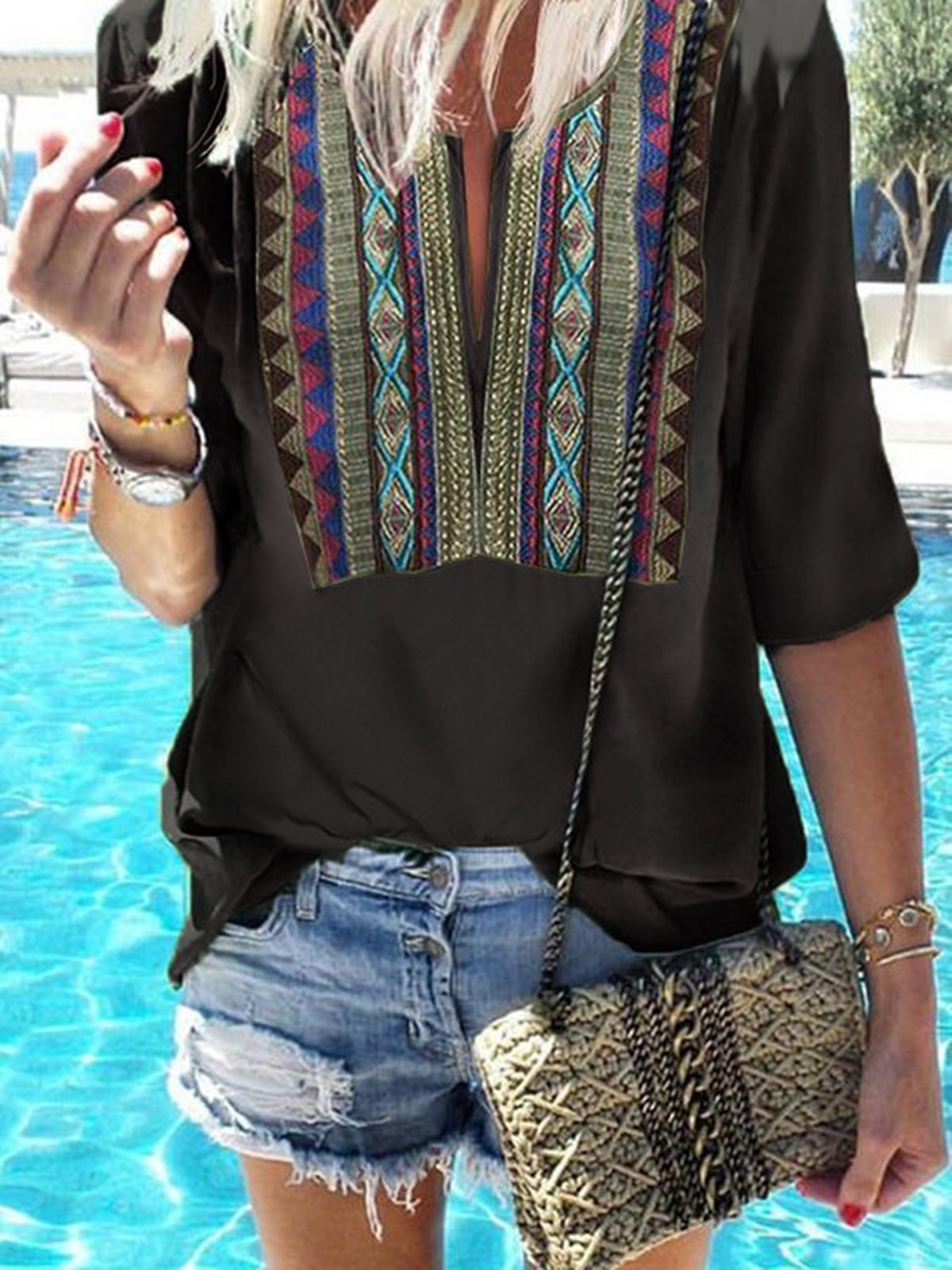 V Neck Cotton Casual 3/4 Sleeve Dresses