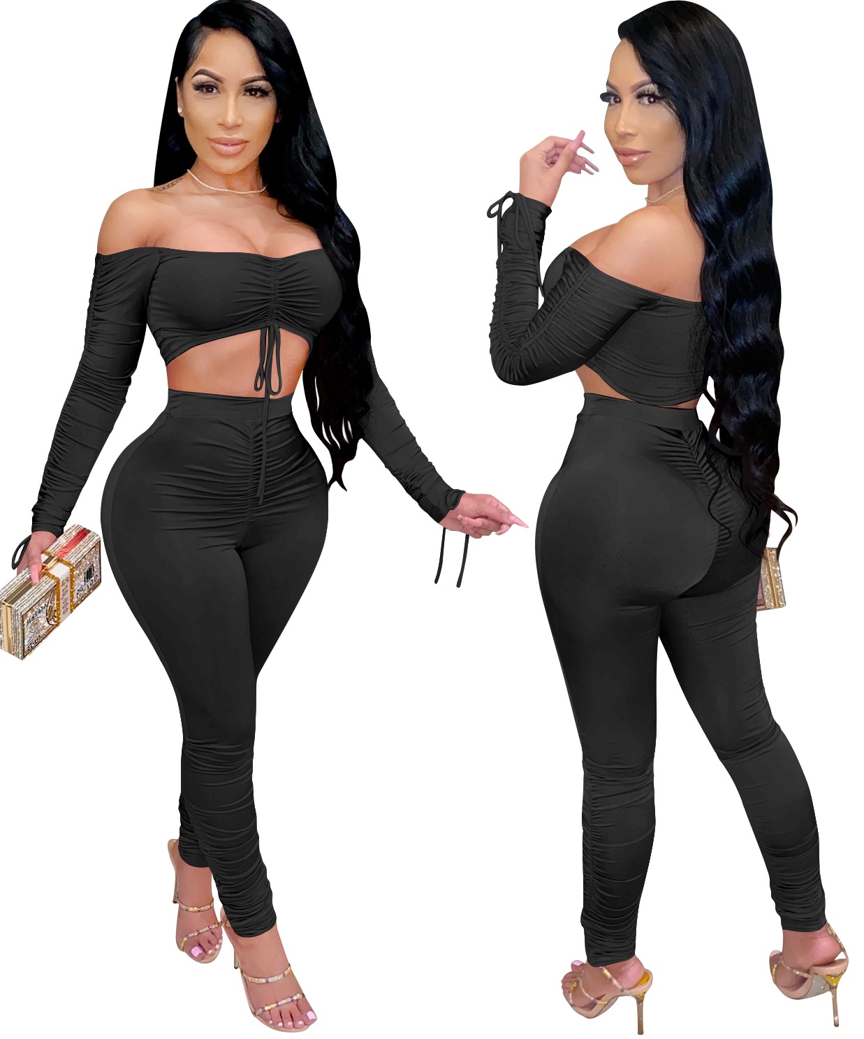 Autumn Party Solid Color Ruched Crop Top and Scrunch Pants Set