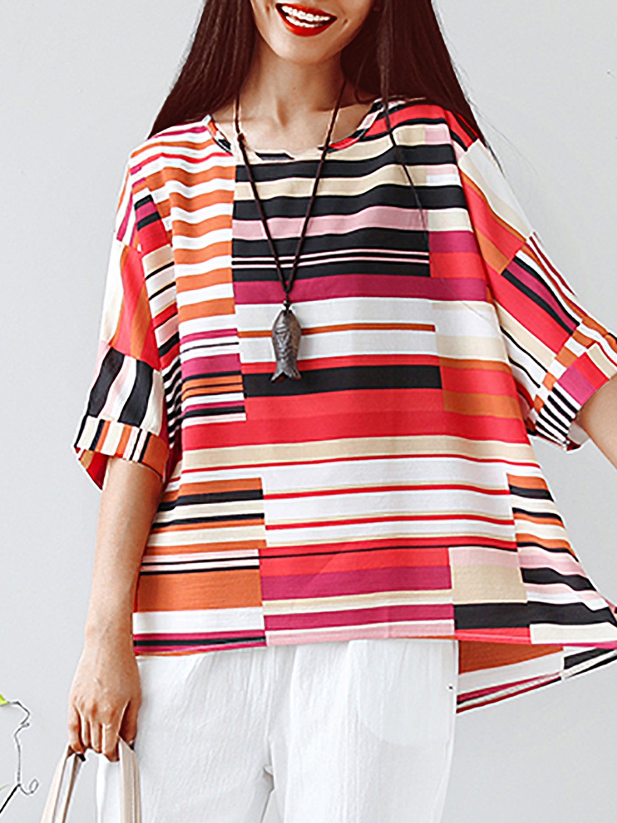 Plus Size  Cotton And Linen Striped  Loose Half  Sleeve  Casual  Top