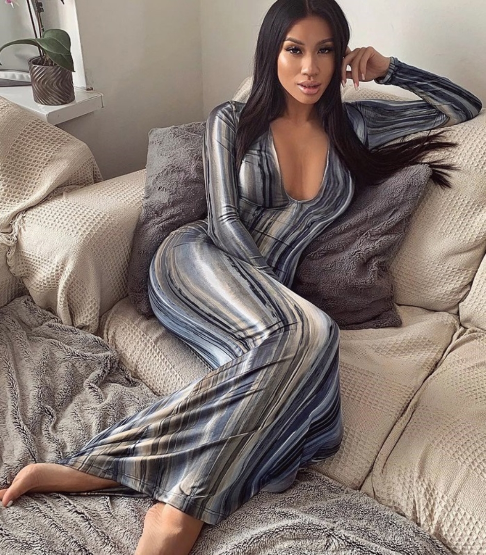 Fall Tie Dye V-Neck Maxi Dress with Full Sleeves