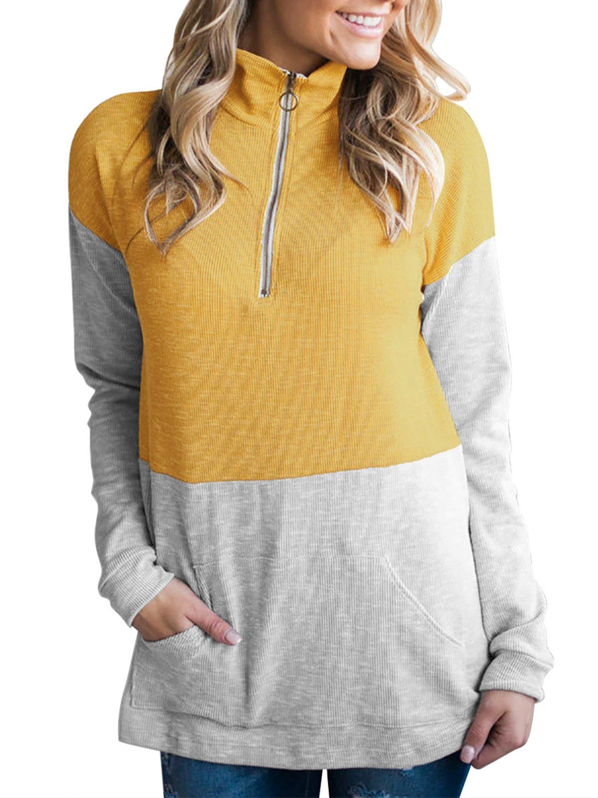 Stand-Up Neck Long Sleeve Solid Color-Block Sweatshirts