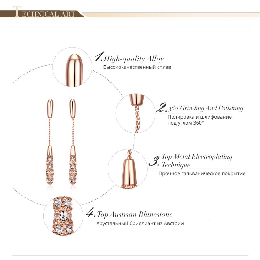 Hot Viennois Fashion Jewelry Luxury Vintage Long Drop Earrings Rhinestone Silver & Rose Gold Plated Dangle Earrings for Woman