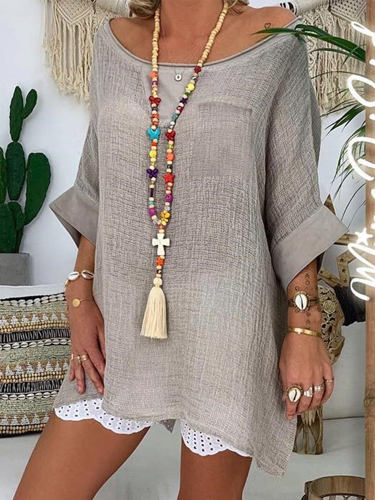 Plus Size   Women   Half   Sleeve  V-neck  Vintage  Casual   Tops