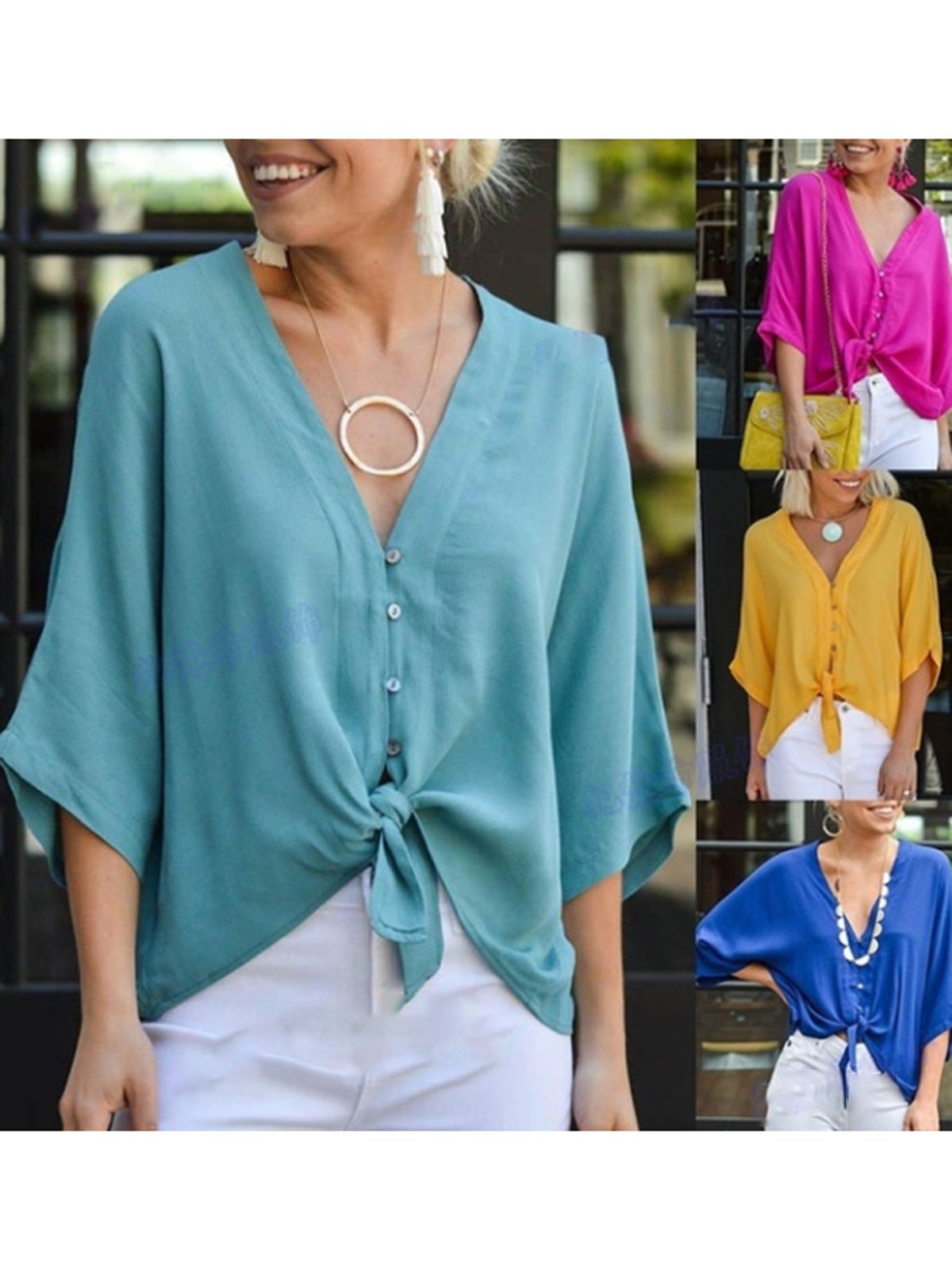 Women Blouses Knot Front V-Neck 3/4 Sleeves Buttoned Tops