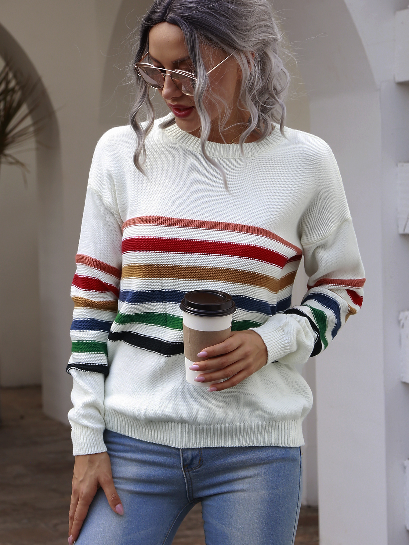 Autumn Round Neck Stripes Pullover Sweater