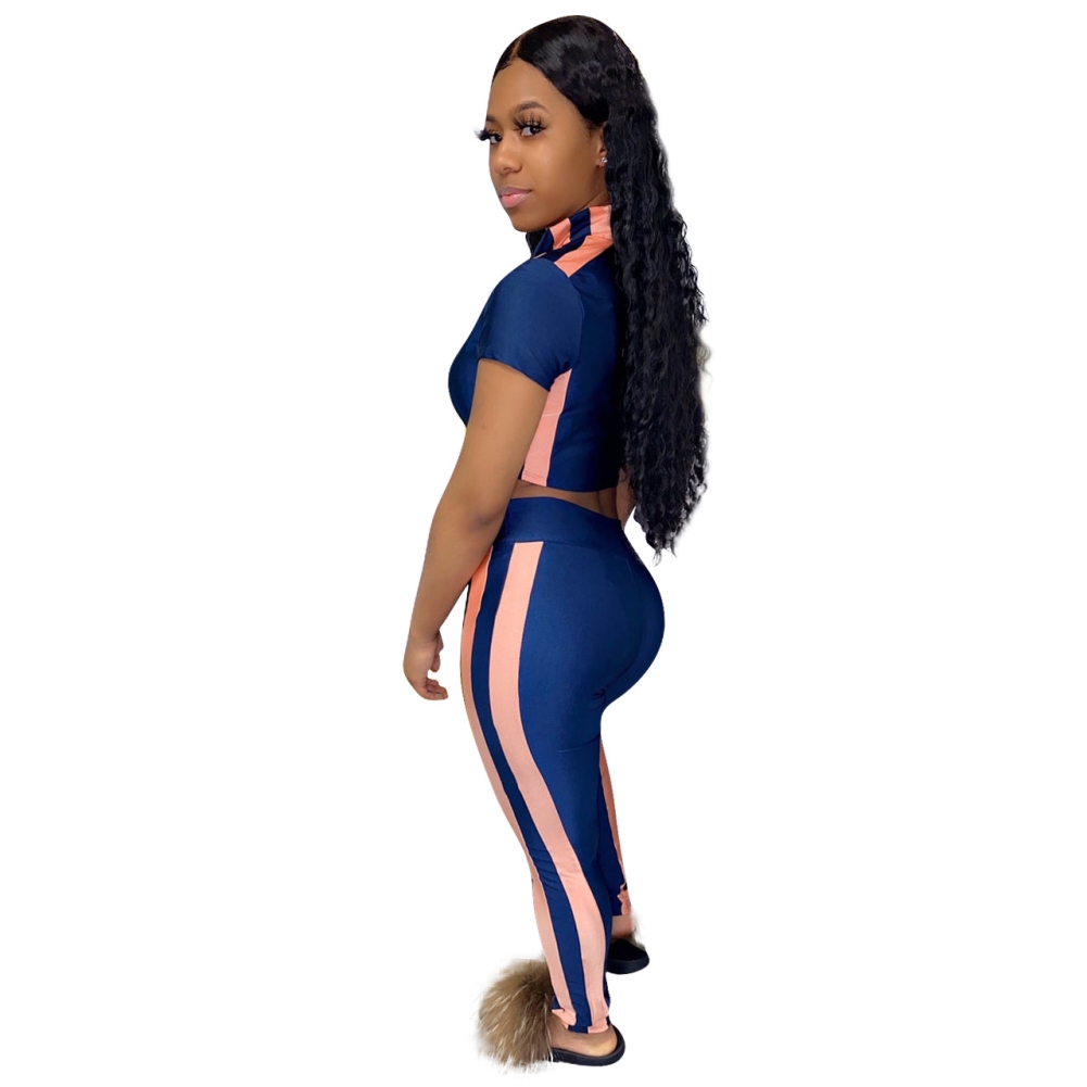 Sexy Striped Zipper Crop Top and Pants Set