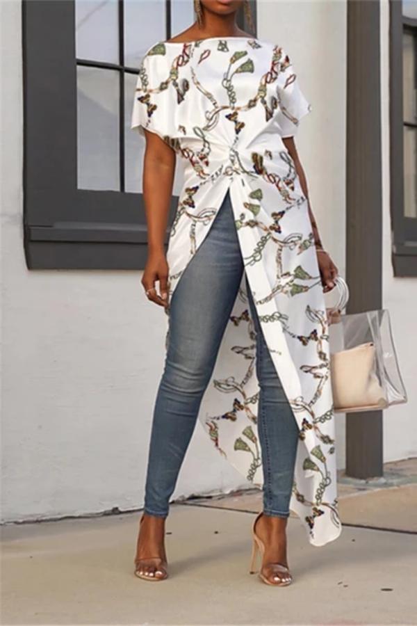 Fashion Printing Short Sleeve Open Fork Long Cardigan