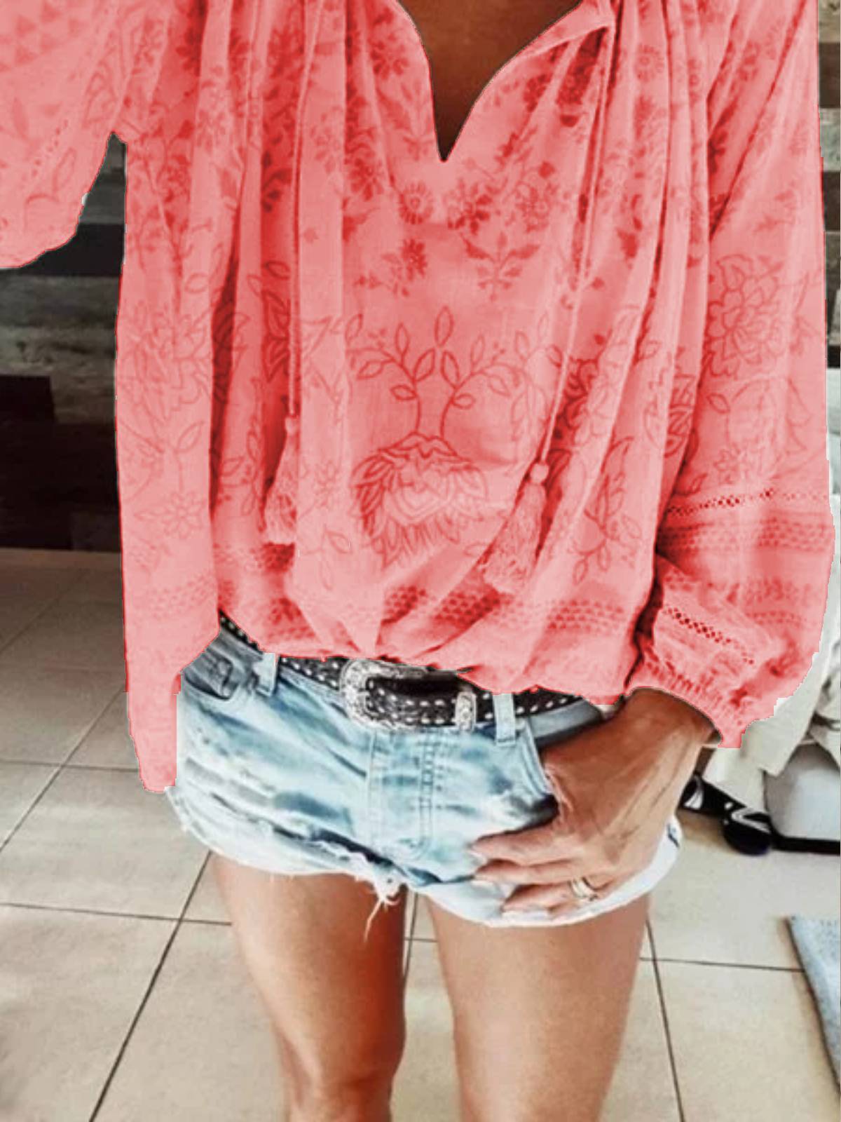 V Neck Patchwork Cotton-Blend Long Sleeve Shirts & Tops