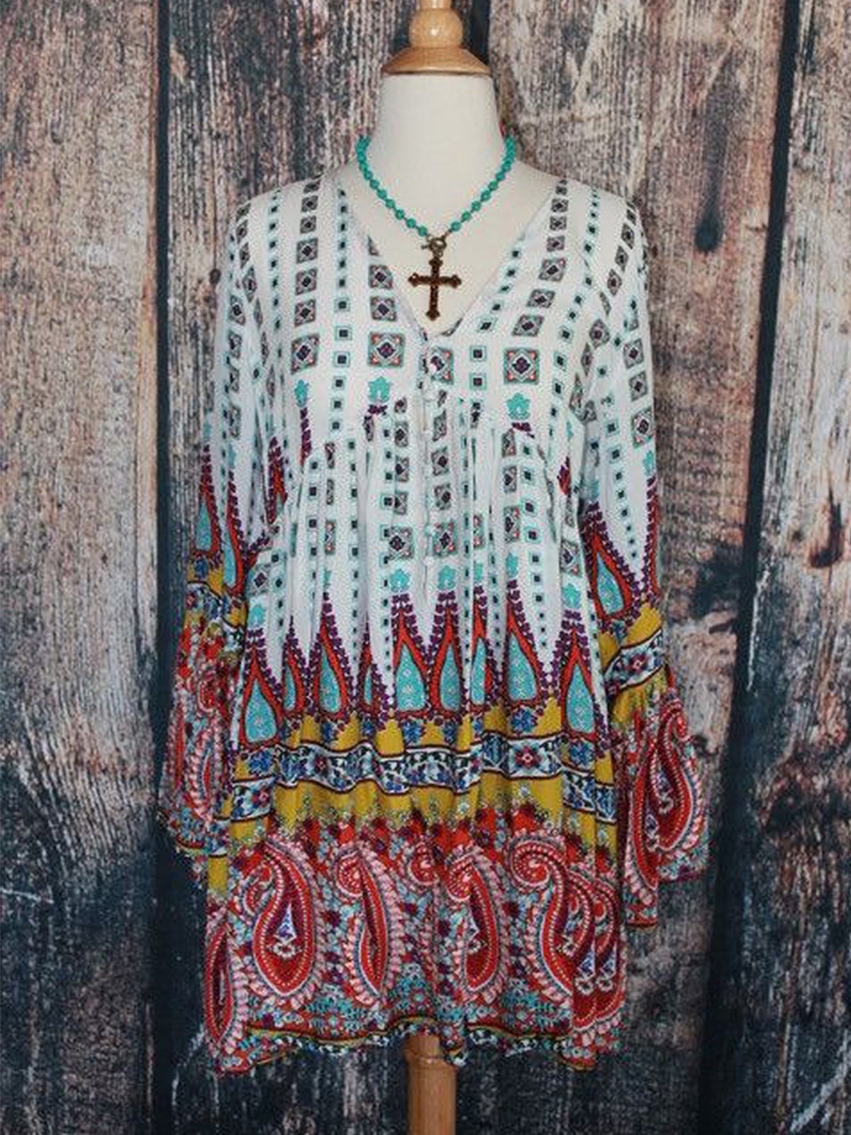 Casual Long Sleeve Paisley V Neck Dresses