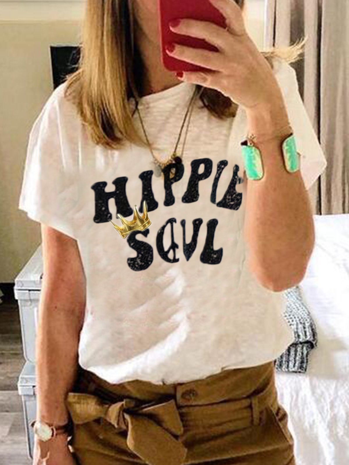 Short Sleeve Cotton-Blend Round Neck Casual Shirts & Tops