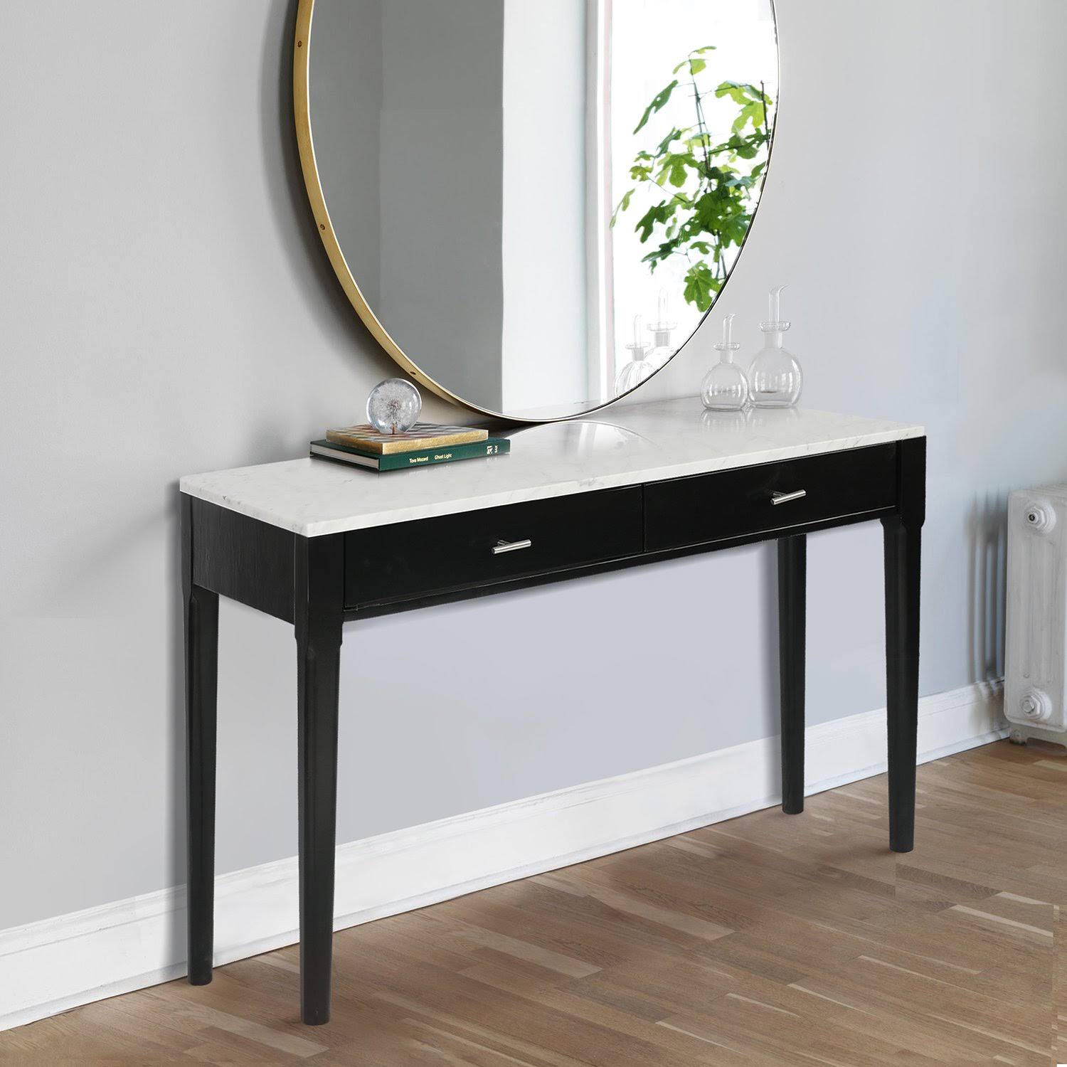 Meno 36x22 Rectangular Italian Carrara White Marble Console Table with Legs - Black