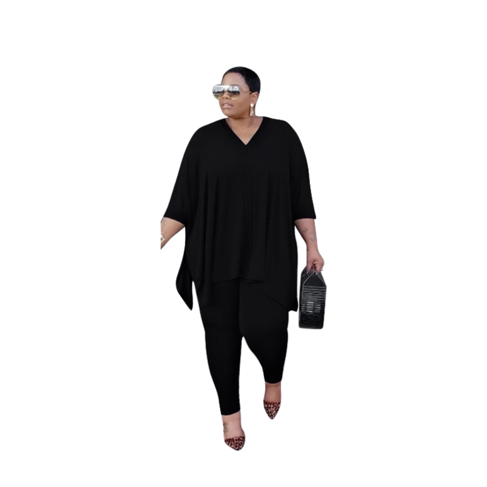 Plus Size Casual Plain Two Piece Pants Set