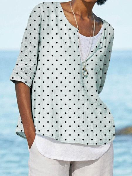 Polka Dots V Neck Casual Half Sleeve Shirts & Tops