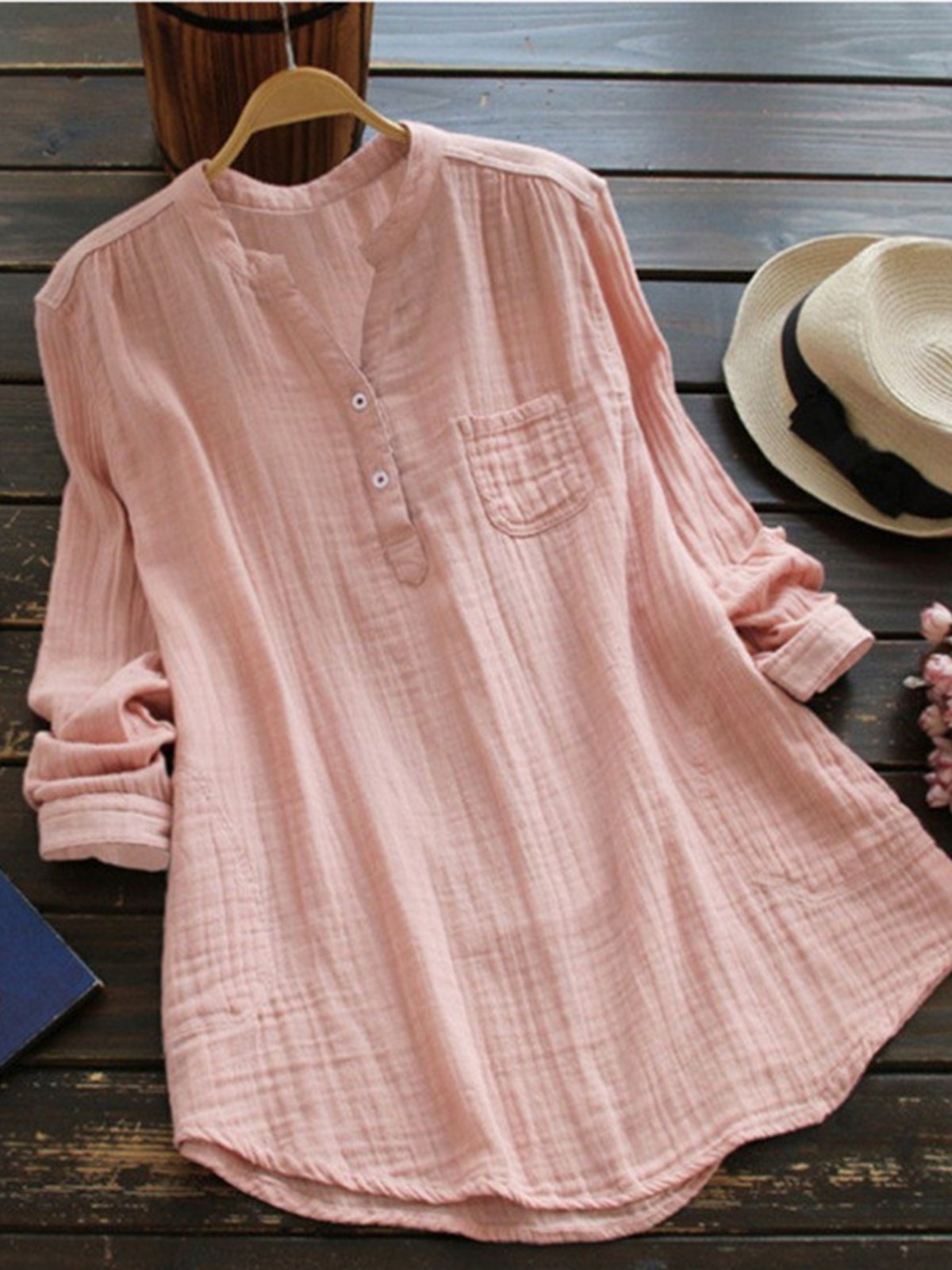 Pockets Long Sleeve Stand Collar Shirts & Tops