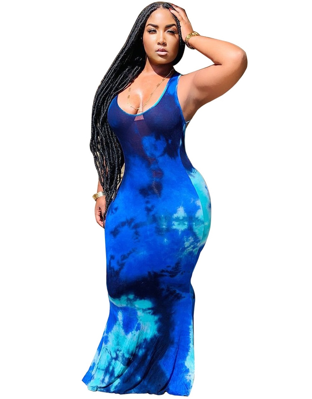 Plus Size Tie Dye Long Tank Fitted Dress