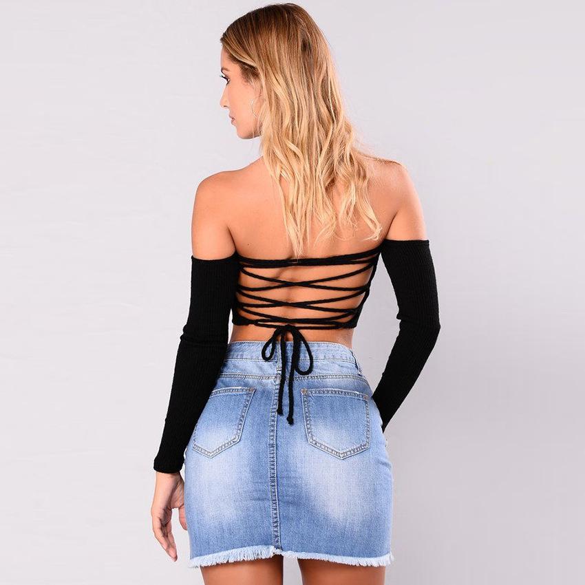 Sexy Backless Hollow Out Off the Shoulder Lace Up Long Sleeve Knitted Tops