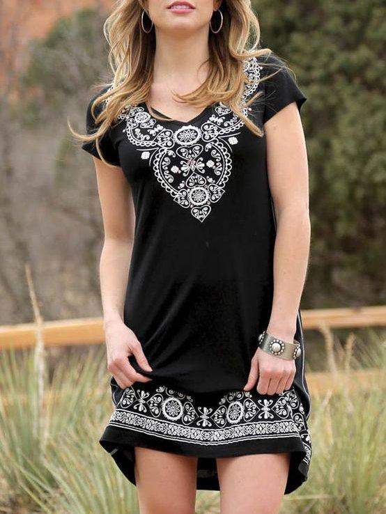 V Neck Casual Cotton-Blend Printed Dresses